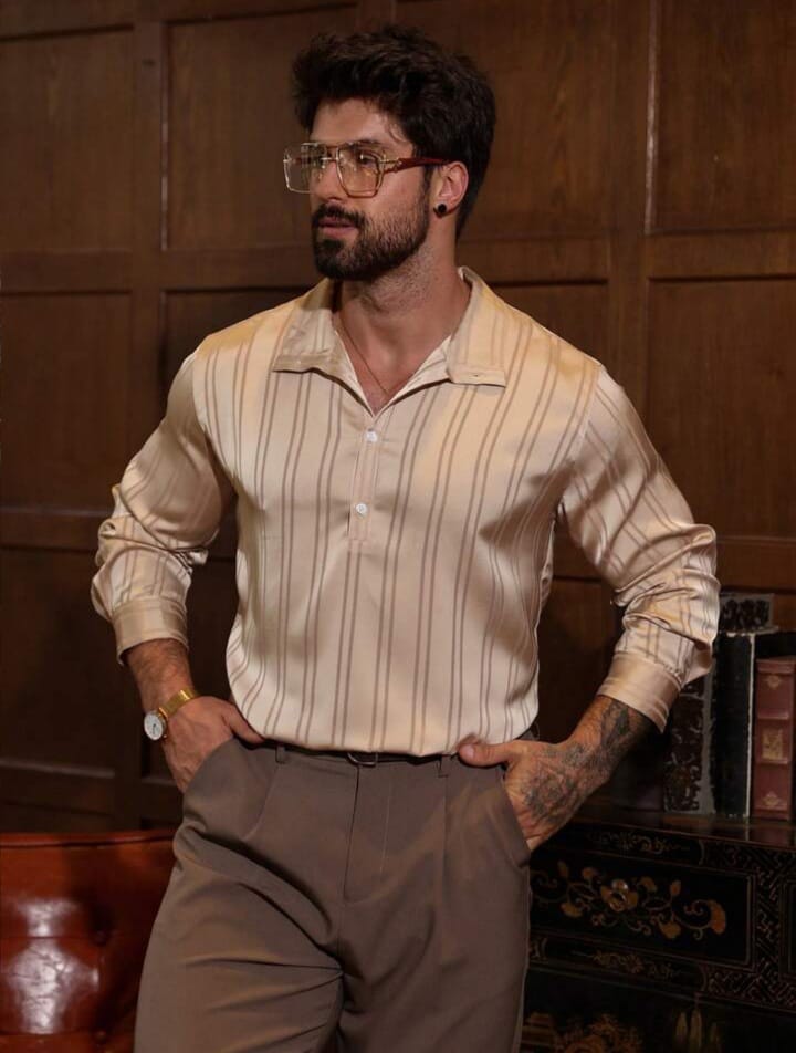 Men's Striped Beige Satin Shirt